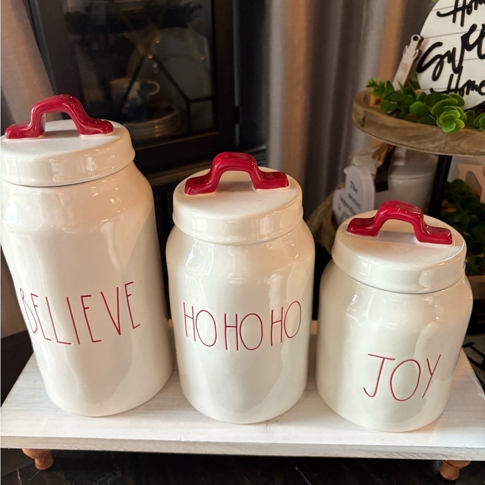 Rae Dunn Holiday Canister Set with Red Handles